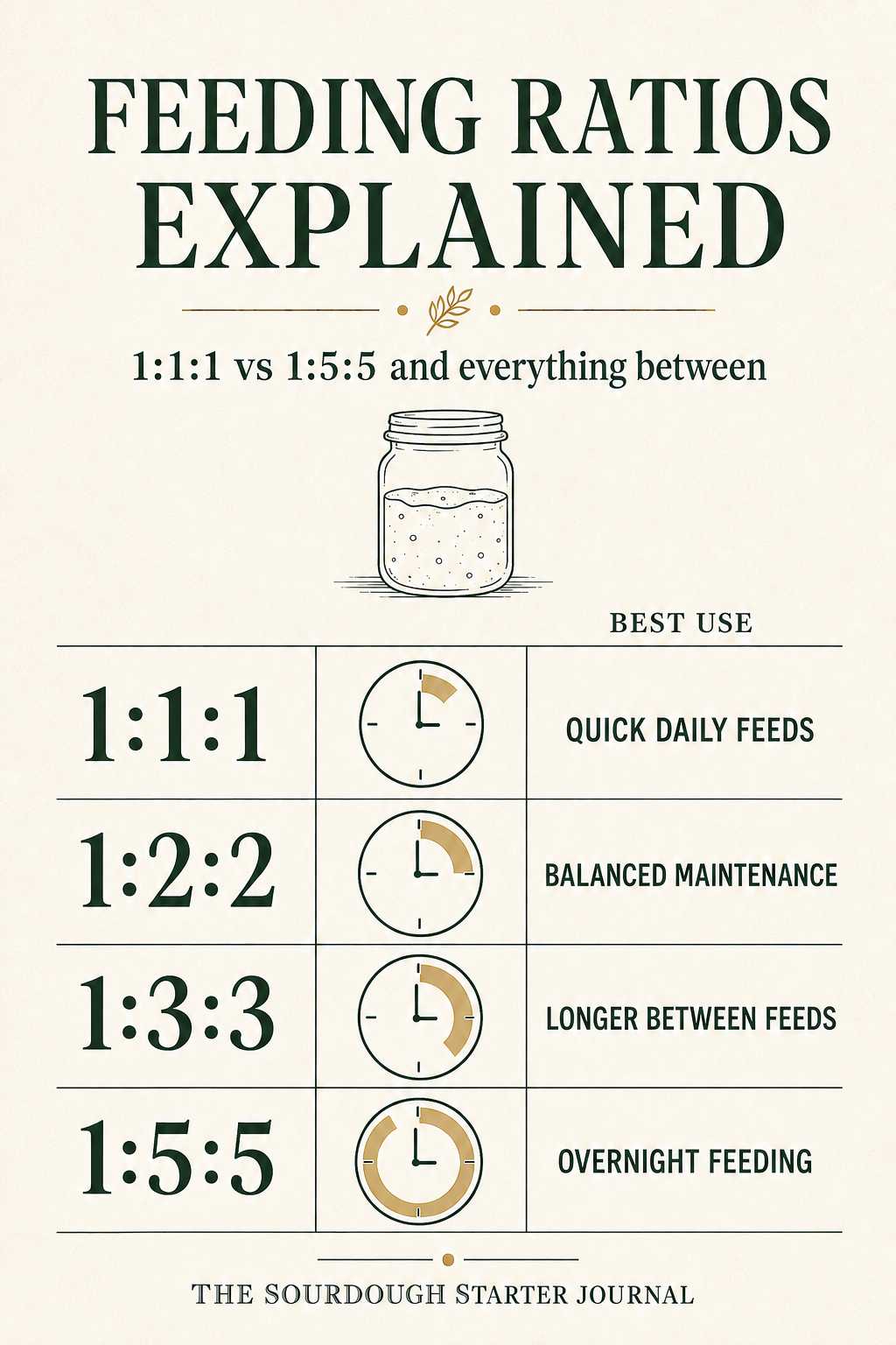 A chart explaining sourdough starter feeding ratios, showing 1:1:1 for quick daily feeds, 1:2:2 for balanced maintenance…