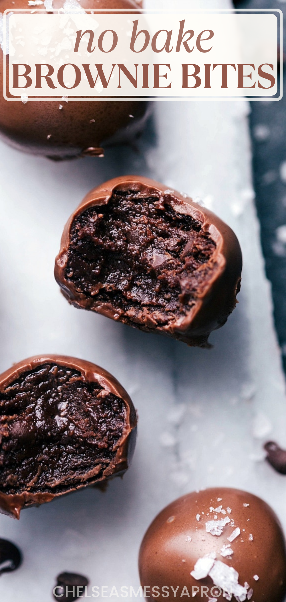 Several chocolate-covered brownie bites, one bitten in half revealing a rich, dark interior.