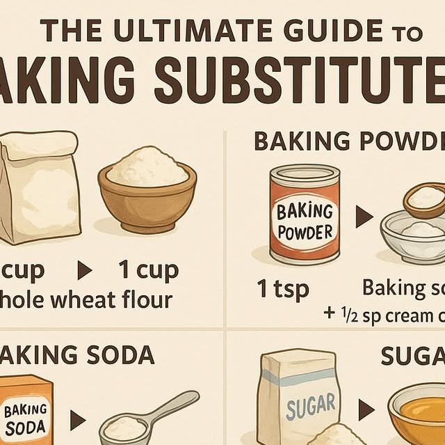 Illustration showing a can of baking powder next to a small bowl and spoon, representing a substitution method.