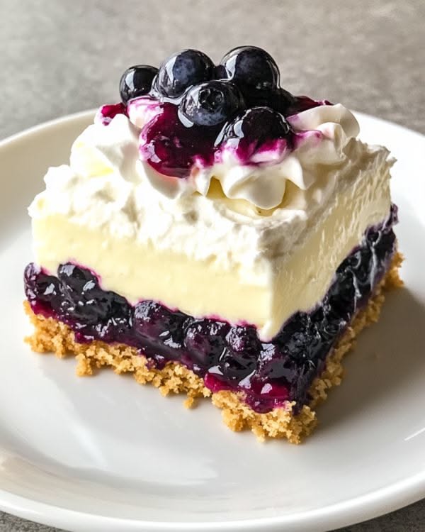 A layered blueberry dessert square with a crumb crust, creamy white filling, and blueberry topping with fresh blueberries…