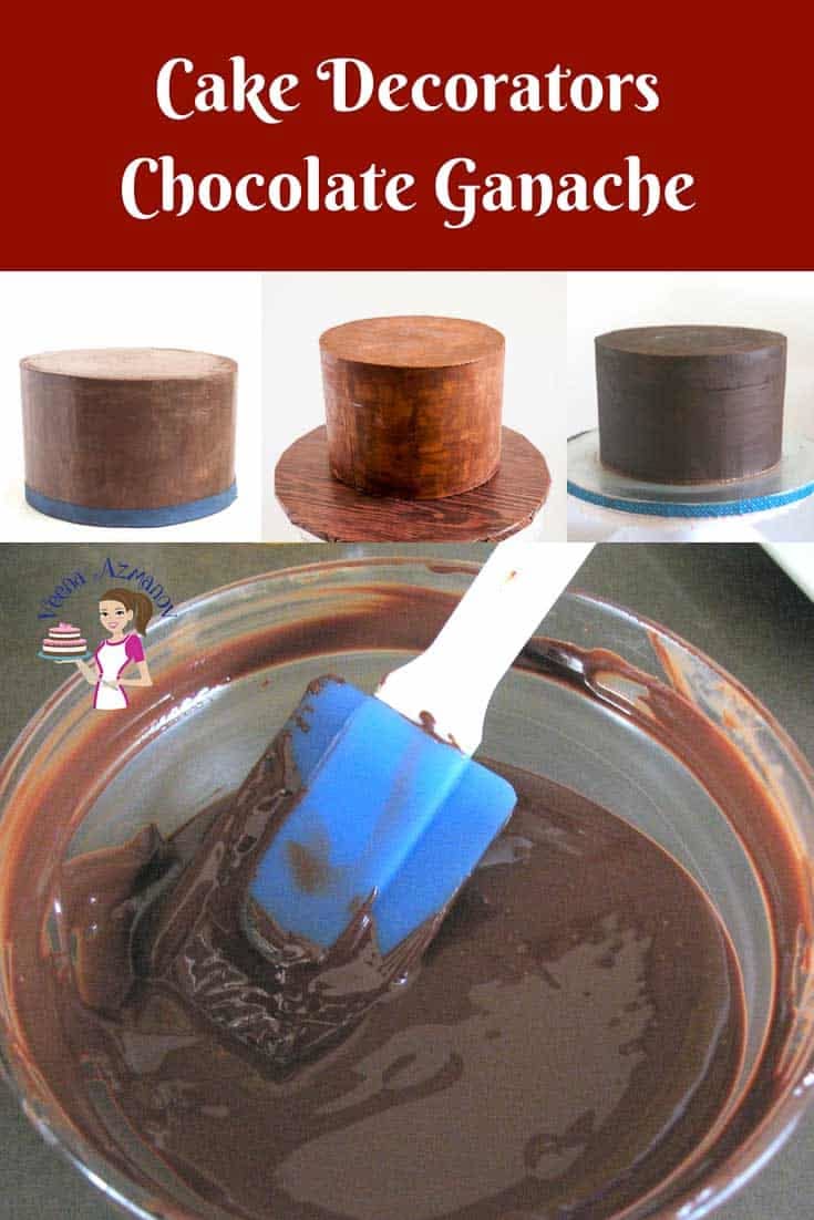 Close-up of a blue and white spatula in a bowl of dark brown ganache. Several cakes covered in ganache are shown above.