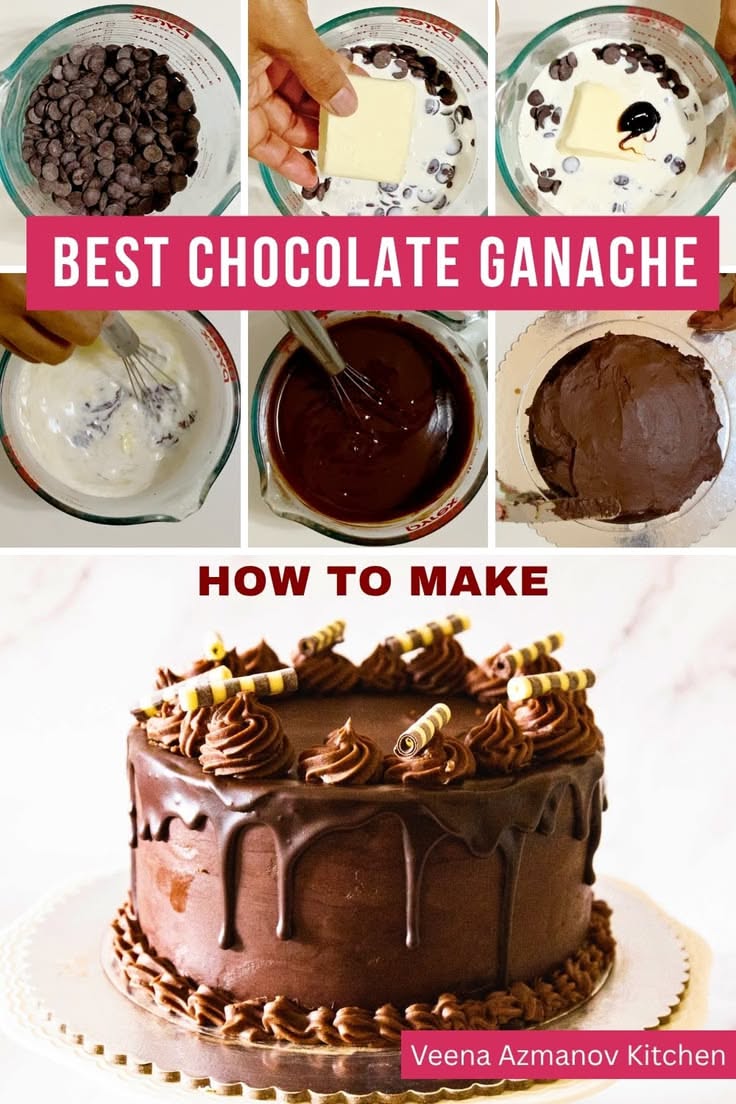 Collage showing steps to make ganache, from chocolate chips to melted mixture, and a finished chocolate cake with ganache…