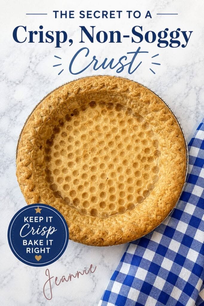 Baked pie crust in a metal tin, showing small indentations on the bottom from pie weights, next to a blue and white…