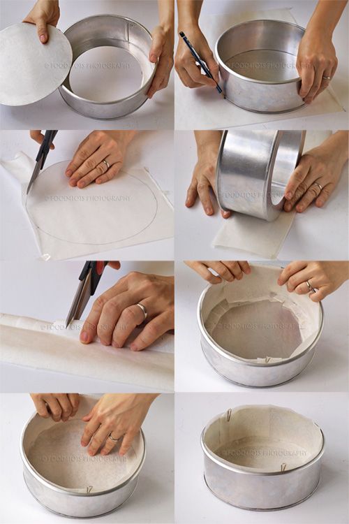 Eight-step visual guide to lining a round cake pan with parchment paper