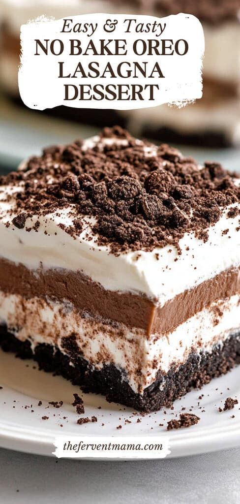 A close up of a multi-layered no-bake dessert square with chocolate and white cream layers, topped with crushed chocolate…