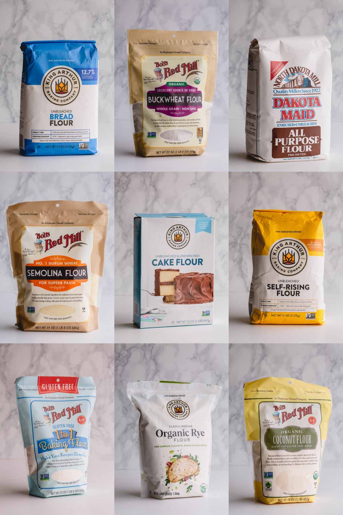 Nine different types of flour in bags and boxes, including bread, buckwheat, all-purpose, semolina, cake, self-rising…