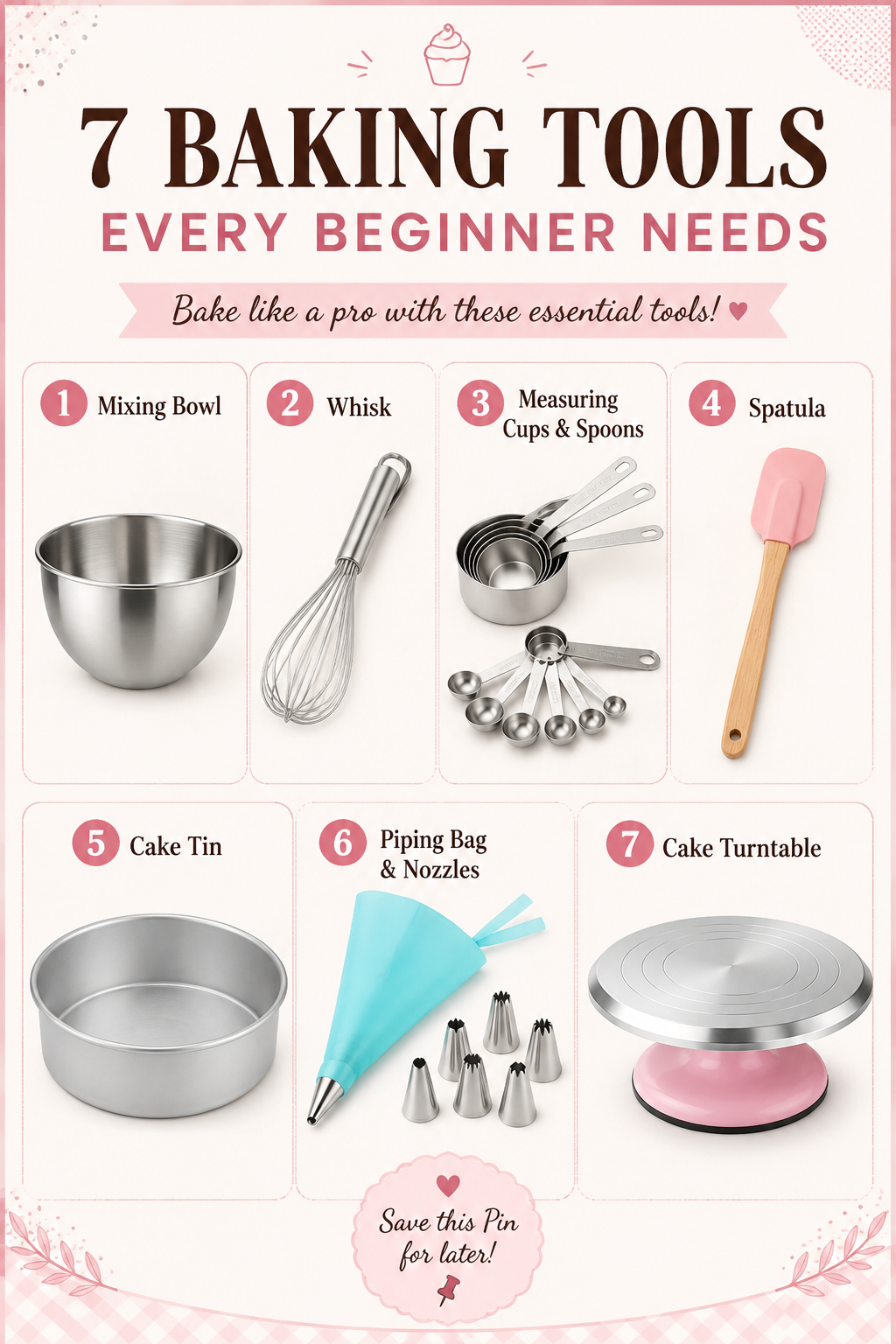 Seven essential baking tools individually laid out: a mixing bowl, whisk, measuring cups and spoons, spatula, cake tin…