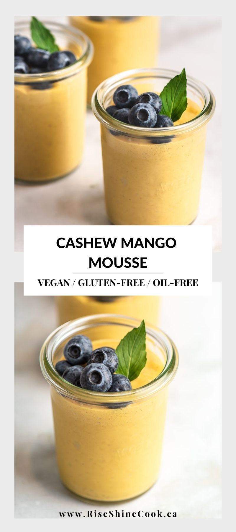 Three servings of mango mousse in clear jars, topped with fresh blueberries and a mint leaf.
