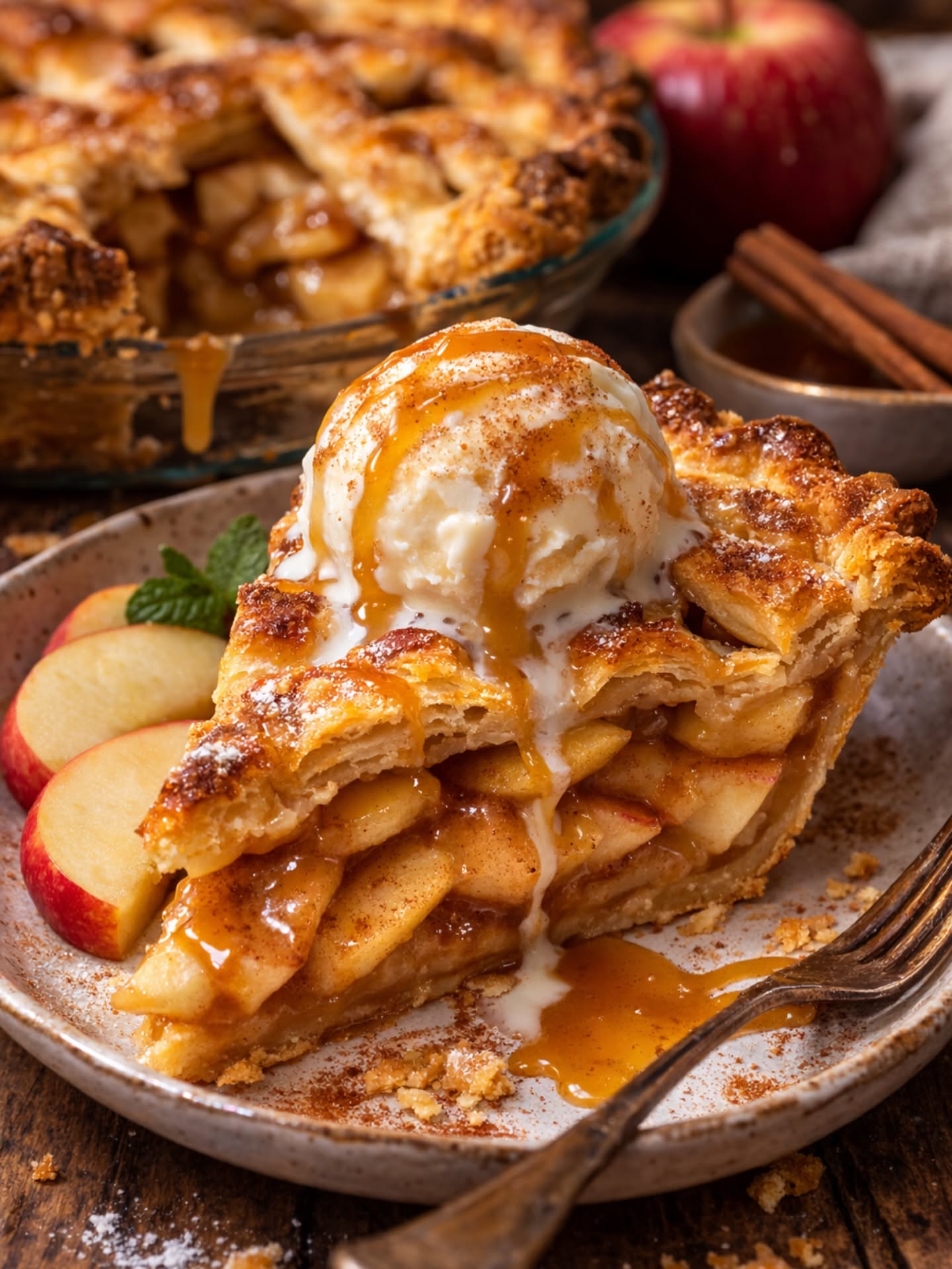 Slice of apple pie topped with melting vanilla ice cream, caramel, and cinnamon on a plate with fresh apple slices.