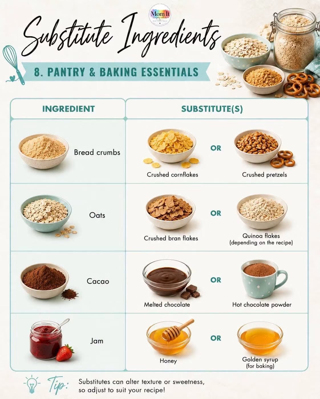 Chart showing baking ingredient substitutions for breadcrumbs, oats, cacao, and jam, with alternatives listed for each.