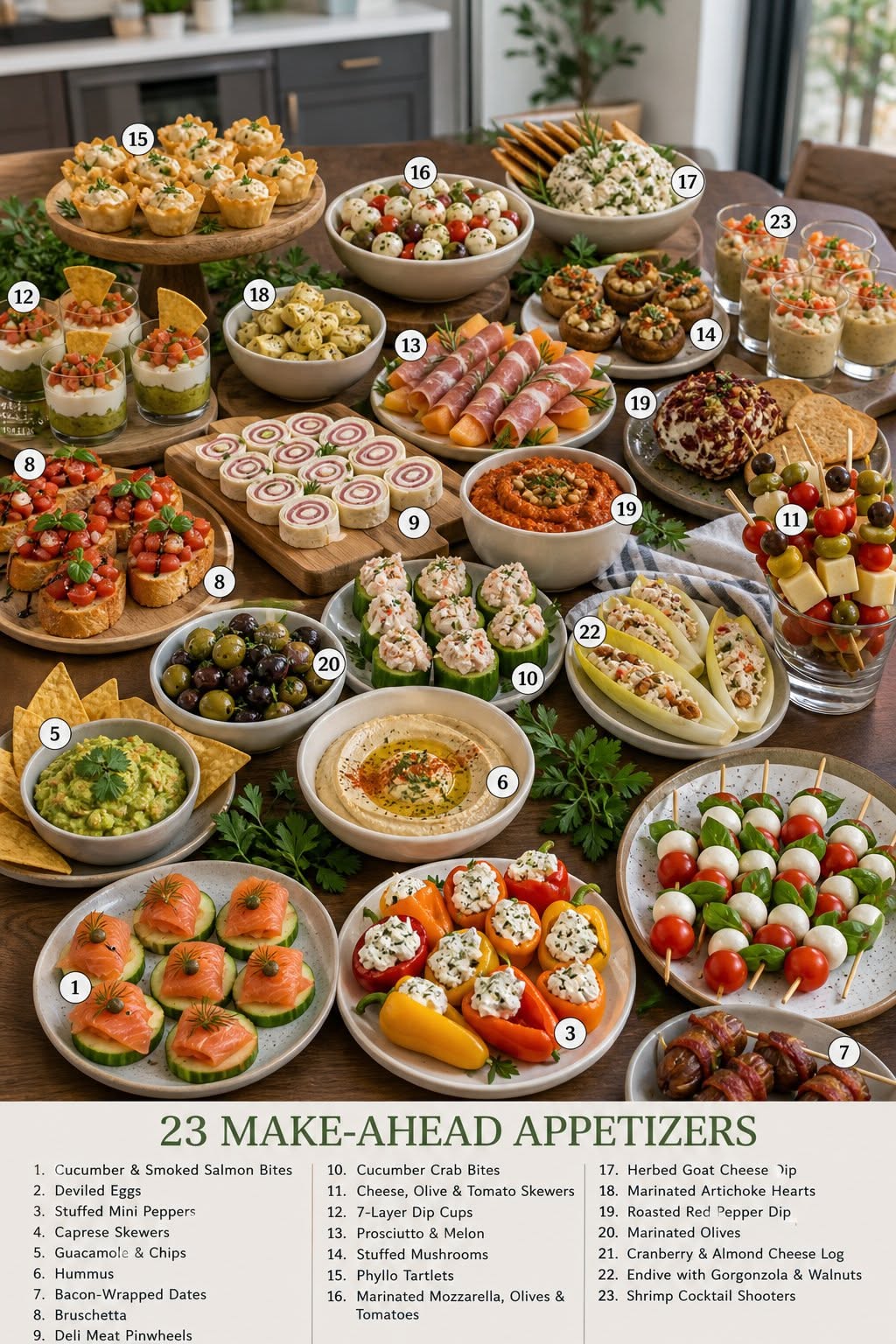 Several small skewers with cherry tomatoes, mozzarella balls, and basil leaves arranged on a white plate.