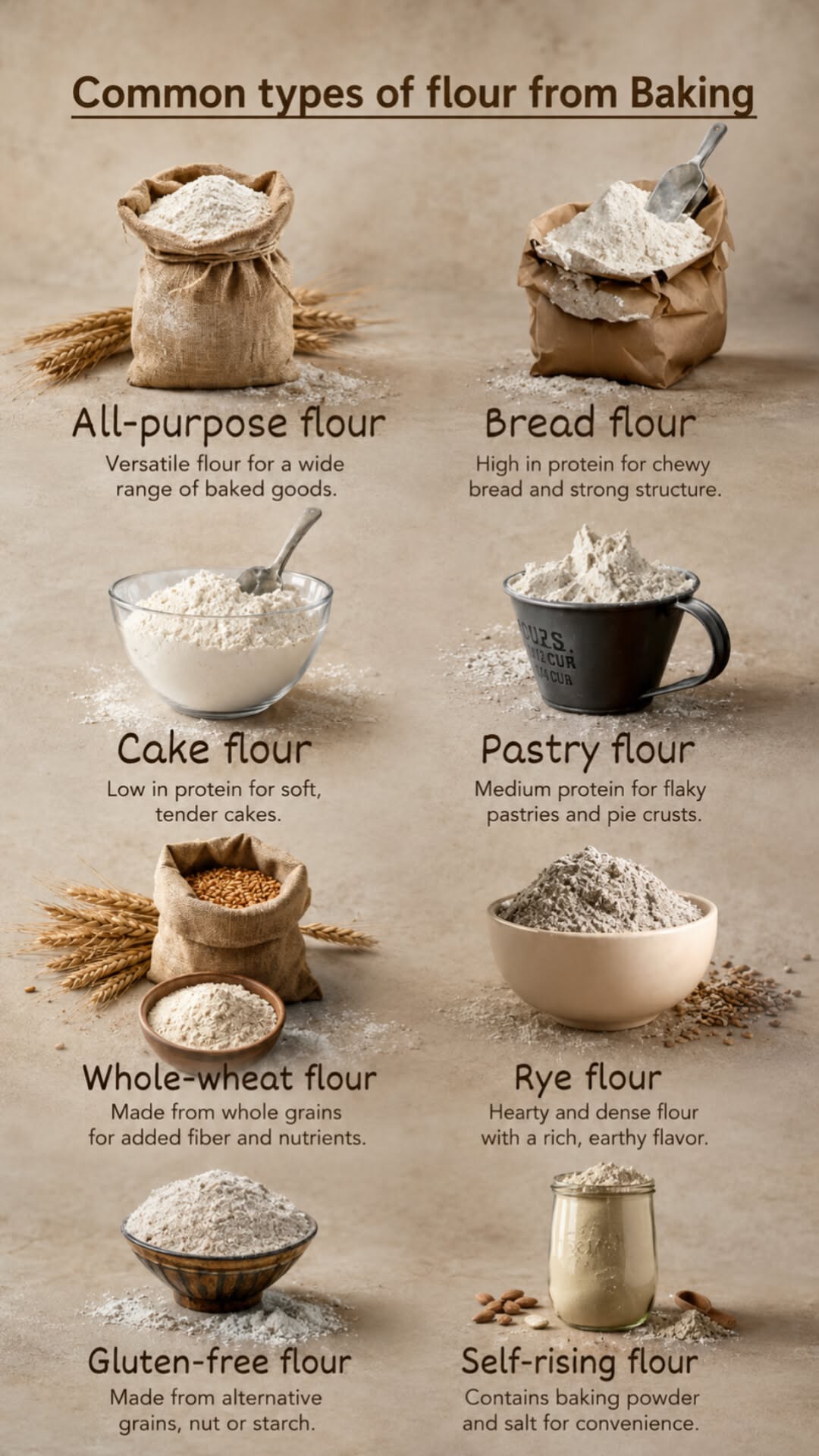 An array of eight different flour types, including all-purpose, bread, cake, pastry, whole-wheat, rye, gluten-free, and…