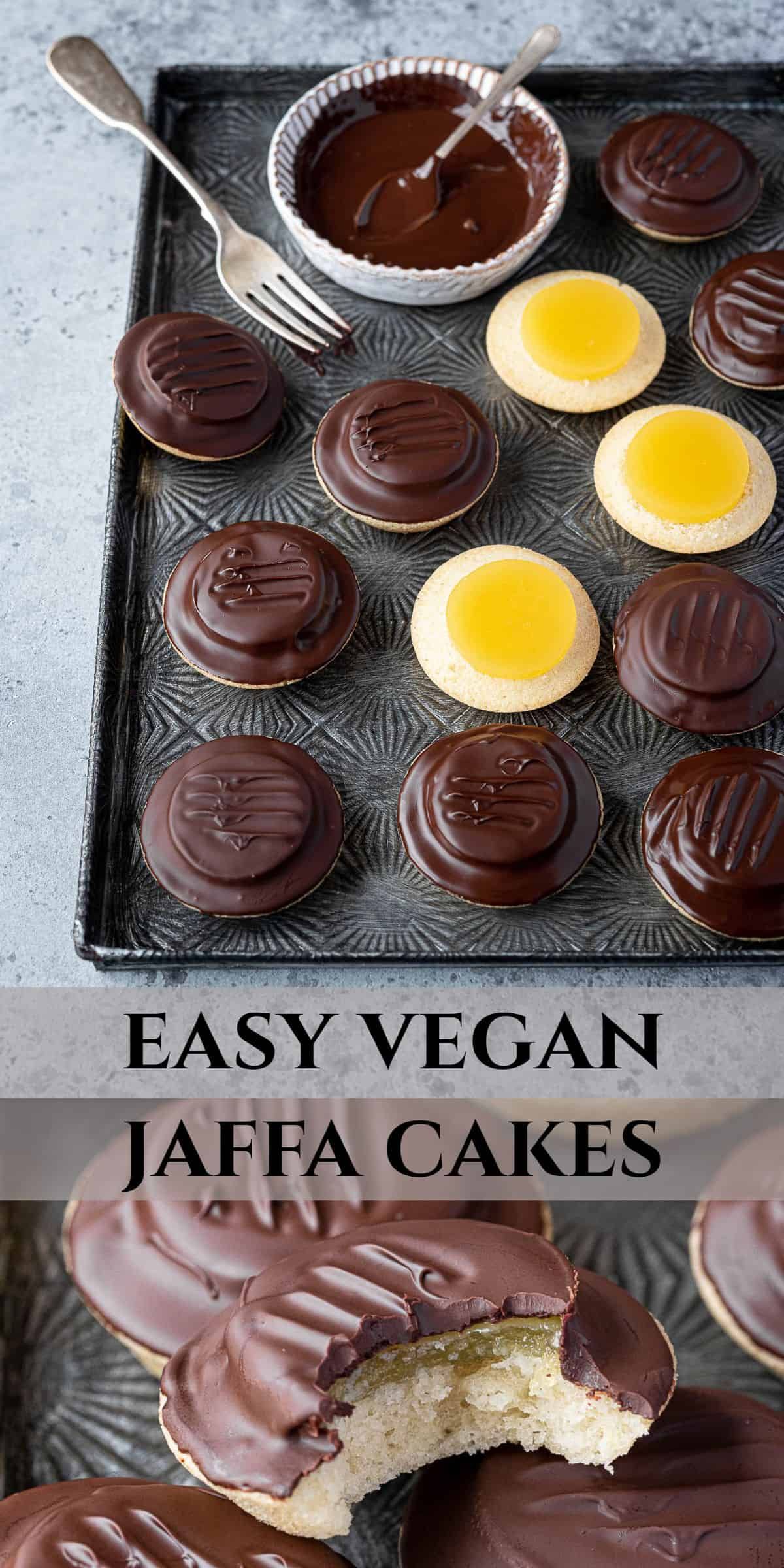 Several chocolate-covered Jaffa cakes on a metal tray, with some showing a yellow jelly layer and one bitten open to show…