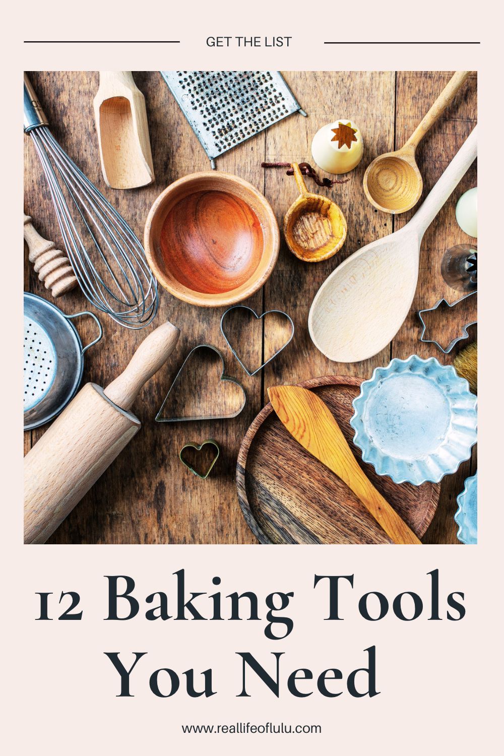 Assortment of various baking tools, including a whisk, rolling pin, cookie cutters, grater, and wooden utensils, arranged on…