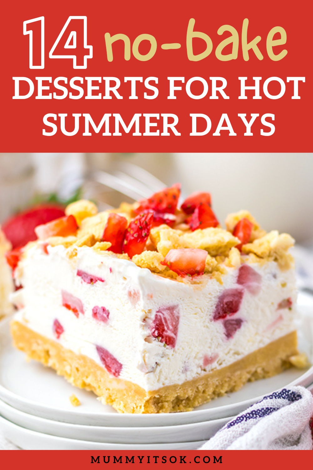 A slice of no-bake strawberry cheesecake bar with a crumbly topping on a white plate.